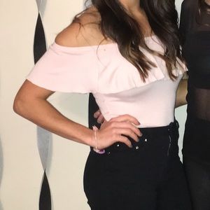 Light pink off the shoulder ruffle body suit